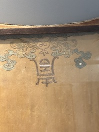 A pair of Chinese gold-thread-embroidered silk 'antiquities' folding screens, 19th C.