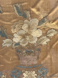 A pair of Chinese gold-thread-embroidered silk 'antiquities' folding screens, 19th C.