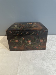 A square Chinese embellished and lacquered wooden box depicting a musician and two boys, Qing