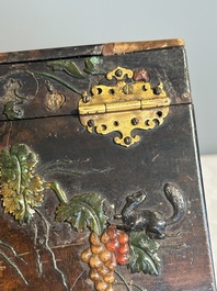 A square Chinese embellished and lacquered wooden box depicting a musician and two boys, Qing