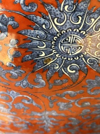A Chinese blue and white, and iron-red 'bajixiang' 'hu' vase on wooden stand, Qianlong mark, 19th C.