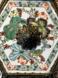A French chandelier inset with Chinese famille verte plaques, 19th C.