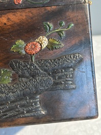 A square Chinese embellished and lacquered wooden box depicting a musician and two boys, Qing