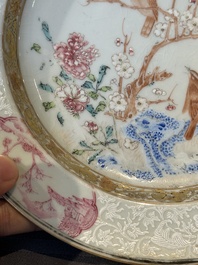 A pair of Chinese famille rose 'magpie and peony' plates with bianco-sopra-bianco rims, Yongzheng