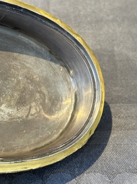 An oval Chinese imperial gold and silver filigree lidded 'dragon' box on reticulated stand and with presentation box, Qianlong mark and of the period