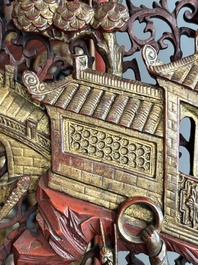 Two pairs of Chinese carved, lacquered and gilt-decorated wooden panels with figural design, 19th C.