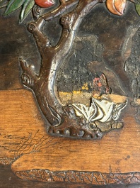 A square Chinese embellished and lacquered wooden box depicting a musician and two boys, Qing