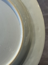 A pair of Chinese famille rose 'magpie and peony' plates with bianco-sopra-bianco rims, Yongzheng