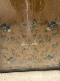 A pair of Chinese gold-thread-embroidered silk 'antiquities' folding screens, 19th C.