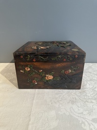 A square Chinese embellished and lacquered wooden box depicting a musician and two boys, Qing