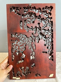 Two pairs of Chinese carved, lacquered and gilt-decorated wooden panels with figural design, 19th C.