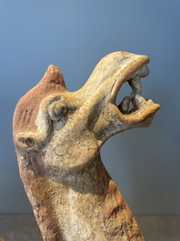 A pair of Chinese polychrome-painted terracotta camels with saddles, Tang
