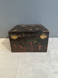 A square Chinese embellished and lacquered wooden box depicting a musician and two boys, Qing