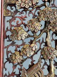 Two pairs of Chinese carved, lacquered and gilt-decorated wooden panels with figural design, 19th C.