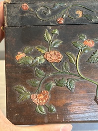 A square Chinese embellished and lacquered wooden box depicting a musician and two boys, Qing
