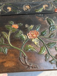 A square Chinese embellished and lacquered wooden box depicting a musician and two boys, Qing