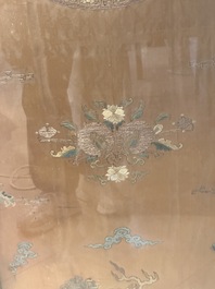 A pair of Chinese gold-thread-embroidered silk 'antiquities' folding screens, 19th C.