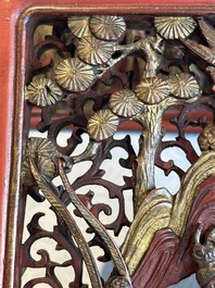 Two pairs of Chinese carved, lacquered and gilt-decorated wooden panels with figural design, 19th C.
