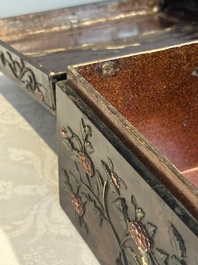 A square Chinese embellished and lacquered wooden box depicting a musician and two boys, Qing