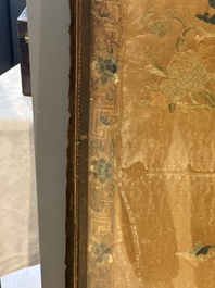 A pair of Chinese gold-thread-embroidered silk 'antiquities' folding screens, 19th C.