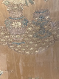 A pair of Chinese gold-thread-embroidered silk 'antiquities' folding screens, 19th C.