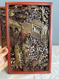 Two pairs of Chinese carved, lacquered and gilt-decorated wooden panels with figural design, 19th C.