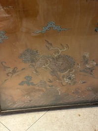 A pair of Chinese gold-thread-embroidered silk 'antiquities' folding screens, 19th C.