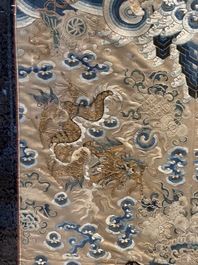 A large rectangular Chinese gold thread-embroidered silk panel decorated with four four-clawed dragons, Qing