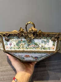 A French chandelier inset with Chinese famille verte plaques, 19th C.