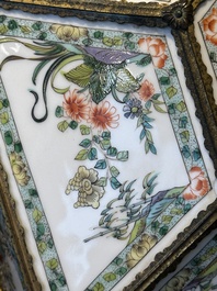 A French chandelier inset with Chinese famille verte plaques, 19th C.