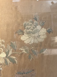 A pair of Chinese gold-thread-embroidered silk 'antiquities' folding screens, 19th C.