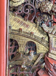 Two pairs of Chinese carved, lacquered and gilt-decorated wooden panels with figural design, 19th C.