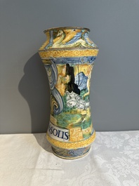 An Italian maiolica albarello with the arms of Boerio, Angelo and Ludovico Picchi workshop, Casteldurante, ca. 1562-1563