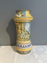 An Italian maiolica albarello with the arms of Boerio, Angelo and Ludovico Picchi workshop, Casteldurante, ca. 1562-1563