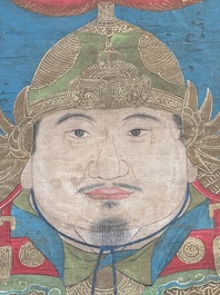 Chinese school: 'Portrait of a general with two servants', ink and colour on silk, Ming or later