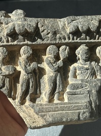 A collection of six Gandhara grey schist fragments with Bodhisattva, divinities and figures, 2/4th C.