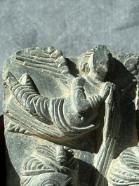 Four Gandhara grey schist fragments with Buddha and Bodhisattva, 1st/3rd C.