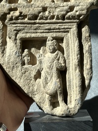 A collection of six Gandhara grey schist fragments with Bodhisattva, divinities and figures, 2/4th C.
