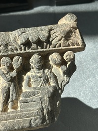 A collection of six Gandhara grey schist fragments with Bodhisattva, divinities and figures, 2/4th C.