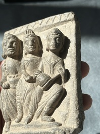 A collection of six Gandhara grey schist fragments with Bodhisattva, divinities and figures, 2/4th C.