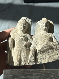 A collection of six Gandhara grey schist fragments with Bodhisattva, divinities and figures, 2/4th C.