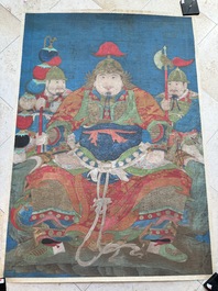 Chinese school: 'Portrait of a general with two servants', ink and colour on silk, Ming or later