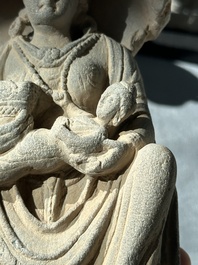 A Gandhara grey schist sculpture of the Bodhisattva Maitreya, a sculpture of a master with a child and a fragment of a divinity, 1/5th C.