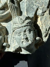 Four Gandhara grey schist fragments with Buddha and Bodhisattva, 1st/3rd C.