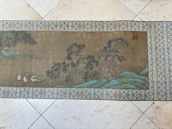 Chinese school: 'Sages in a lake landscape', ink and colour on silk, Ming or later
