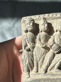 A collection of six Gandhara grey schist fragments with Bodhisattva, divinities and figures, 2/4th C.