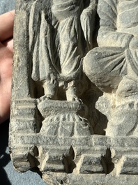 Four Gandhara grey schist fragments with Buddha and Bodhisattva, 1st/3rd C.