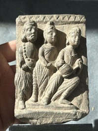 A collection of six Gandhara grey schist fragments with Bodhisattva, divinities and figures, 2/4th C.