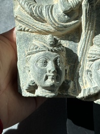 Four Gandhara grey schist fragments with Buddha and Bodhisattva, 1st/3rd C.