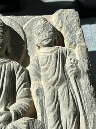 Four Gandhara grey schist fragments with Buddha and Bodhisattva, 1st/3rd C.